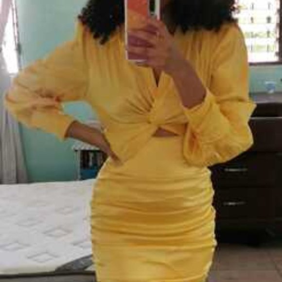Yellow Satin Ruched Twist Front mini Dress - Picture 6 of 7